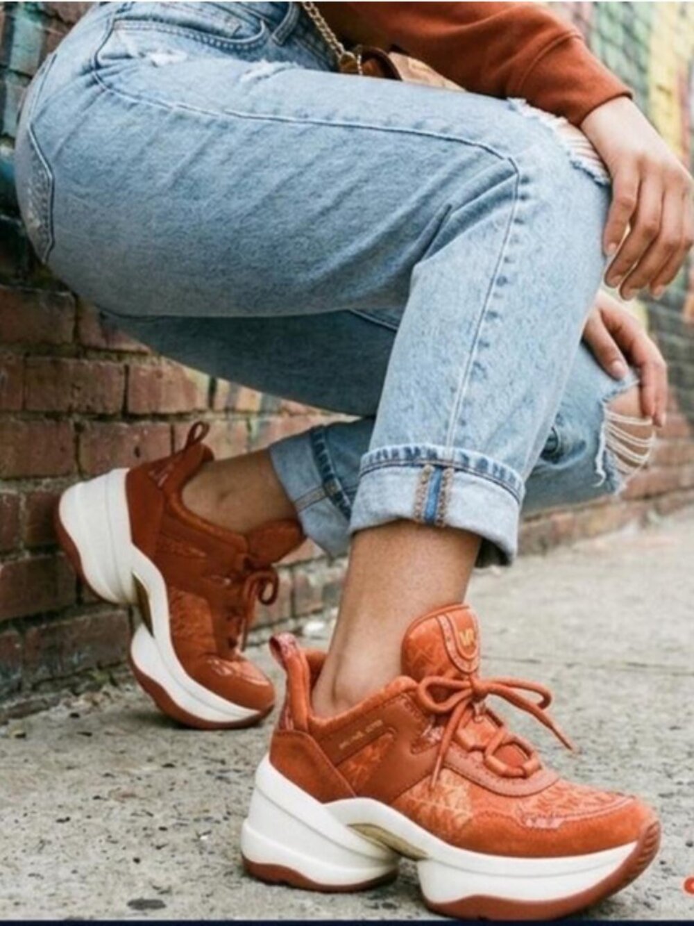 Michael Kors Olympia Logo Orange Jacquard Crocodile Embossed Leather Trainer - Picture 2 of 7